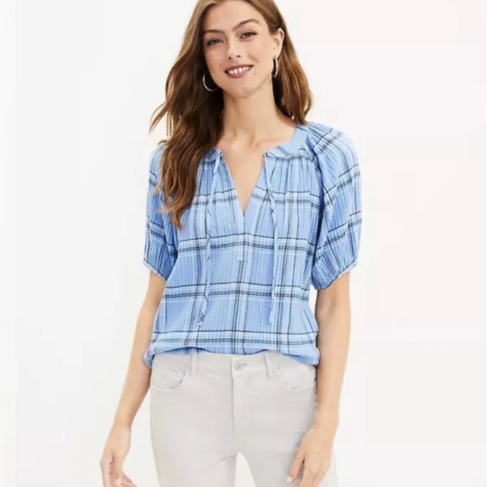 LOFT plaid shirt with puff sleeves and tie neck Cotton blouse Preppy Summer Top